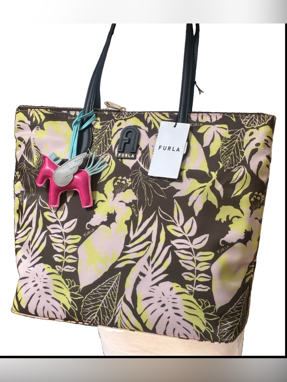 FURLA XL Nylon Tote Bag With Multicolored Leaf Print + Winged Horse Charm NWT